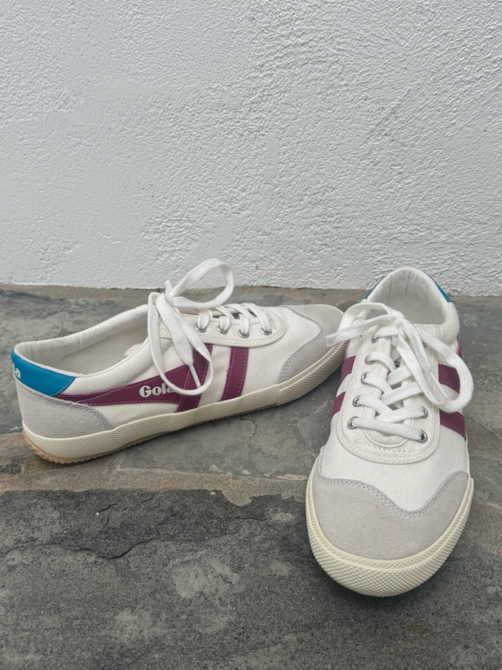 Gola White Sneakers with Plum Stripe and Blue Heel